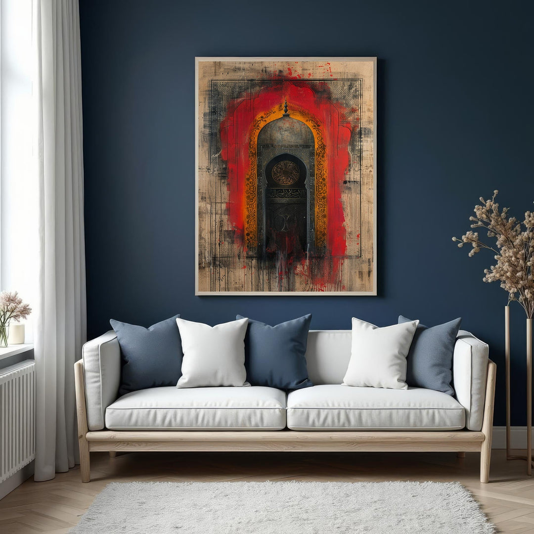 Wadi Home abstract archway wall art with red and gold accents, textured design, modern artistry for living rooms.