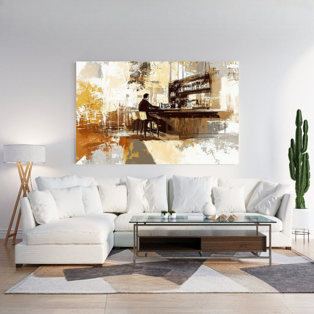 Wadi Home abstract bar scene wall art with ochre, brown, and gray tones. Textured brushstrokes depict a solitary figure at a bar.