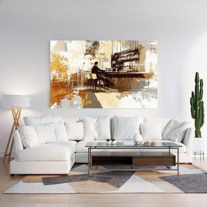 Wadi Home abstract bar scene wall art with ochre, brown, and gray tones. Textured brushstrokes depict a solitary figure at a bar.
