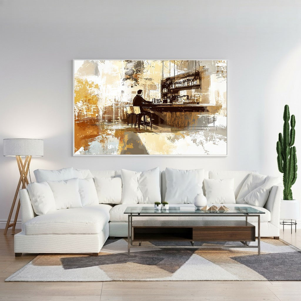 Wadi Home abstract bar scene wall art with ochre, brown, and gray tones. Impressionistic style.