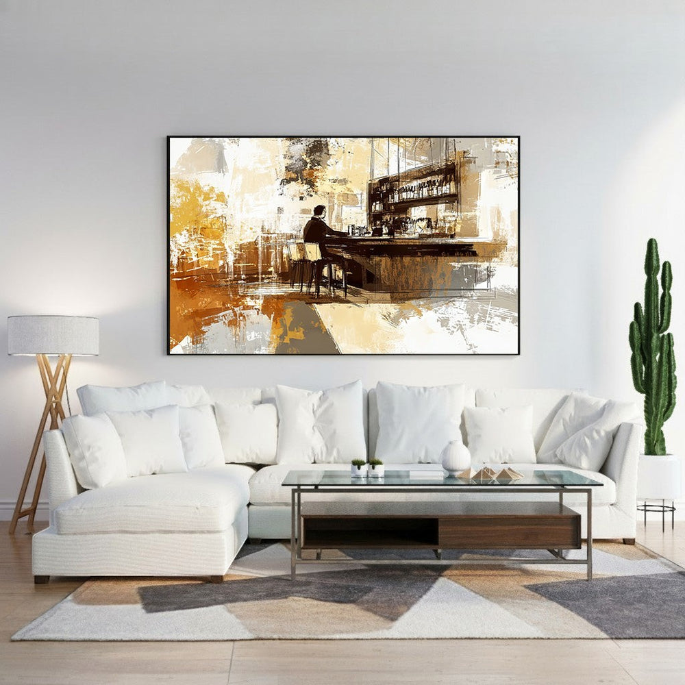 Wadi Home abstract bar scene wall art with ochre, brown, and gray tones. Textured brushstrokes depict a solitary figure at a bar.