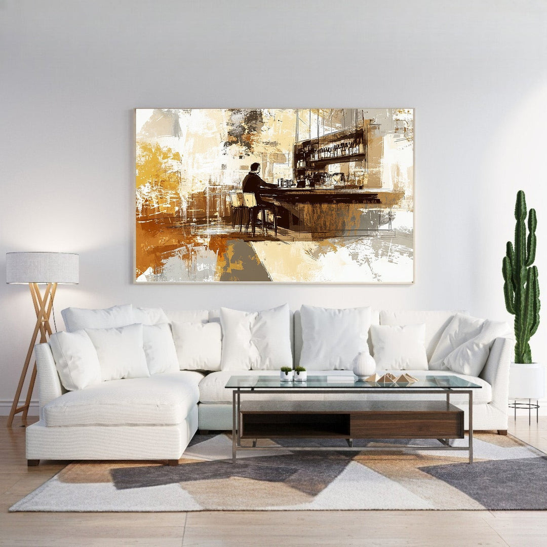 Wadi Home abstract bar scene wall art with ochre, brown, and gray tones. Impressionistic style.