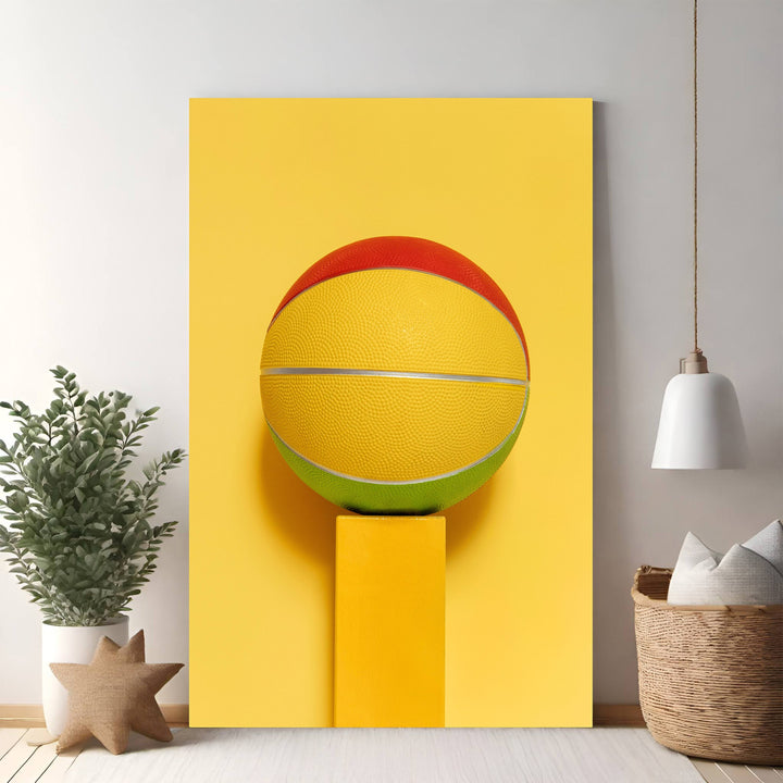 Wadi Home abstract geometric basketball art in yellow, red, and green, displayed on a yellow pedestal.
