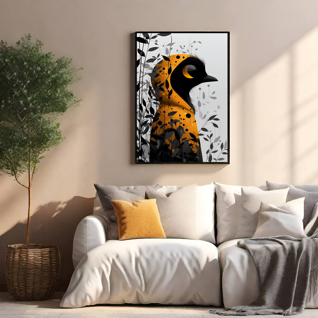 Wadi Home abstract wall art featuring a black bird silhouette with vibrant orange accents and dark foliage.