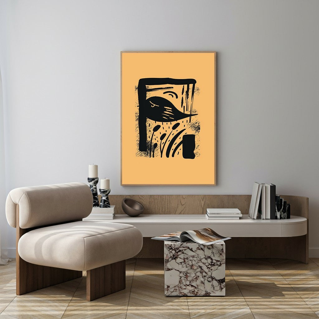 Wadi Home abstract black bird and plant art print on ochre background, modern graphic design.