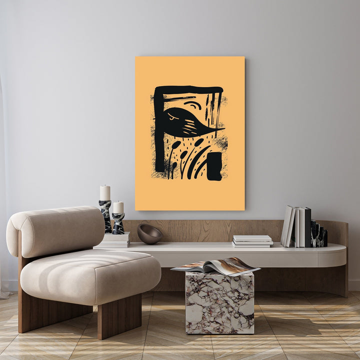Wadi Home abstract black bird and plant art print on ochre background, modern graphic design.
