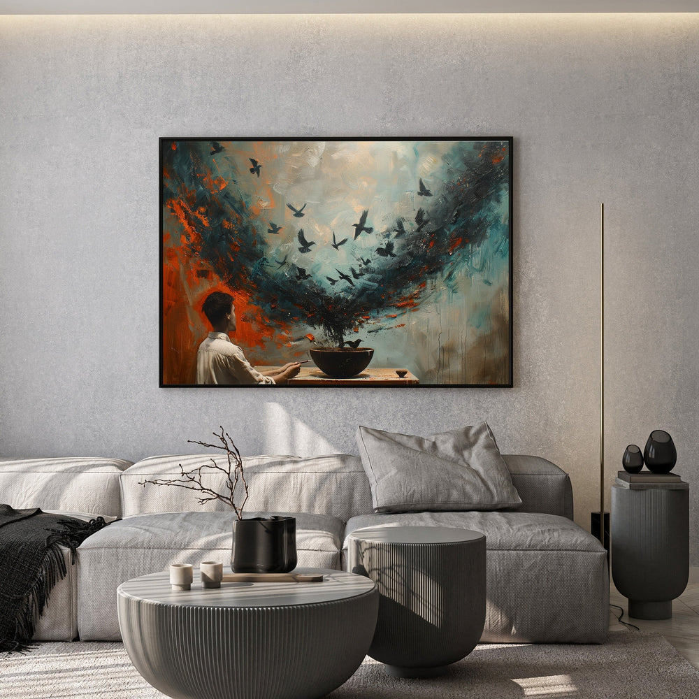 Wadi Home abstract wall art depicting a figure releasing birds into a sky of oranges and blues. Canvas art.