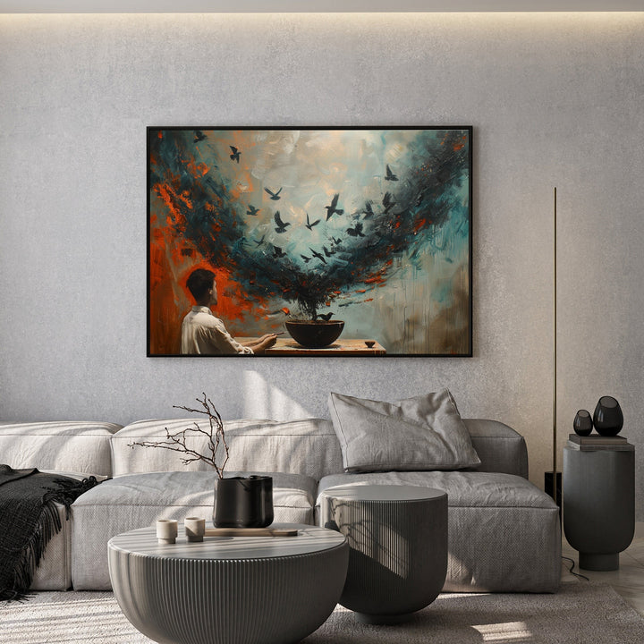 Wadi Home abstract wall art depicting a figure releasing birds into a sky of oranges and blues. Canvas art.