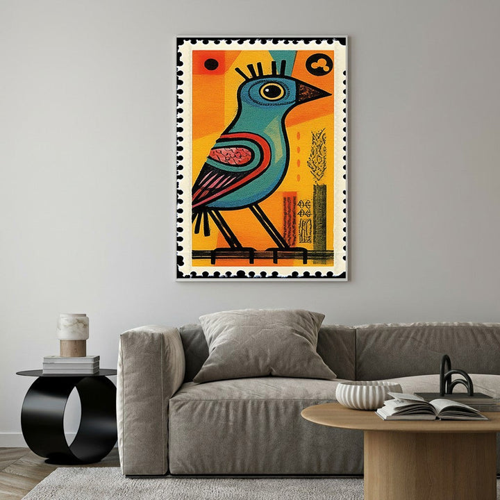 Wadi Home abstract blue bird stamp wall art with orange and yellow background, framed with perforated edges.