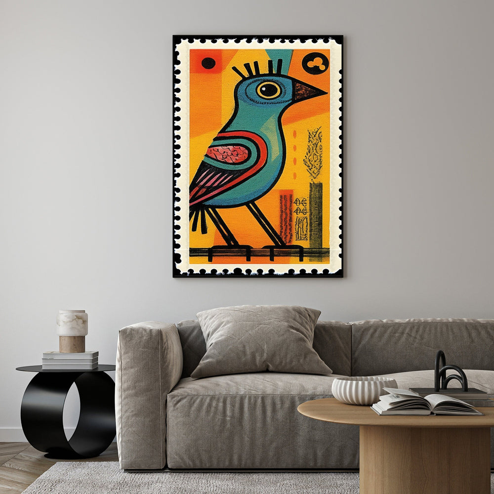 Wadi Home abstract blue bird stamp wall art with orange background and black border.