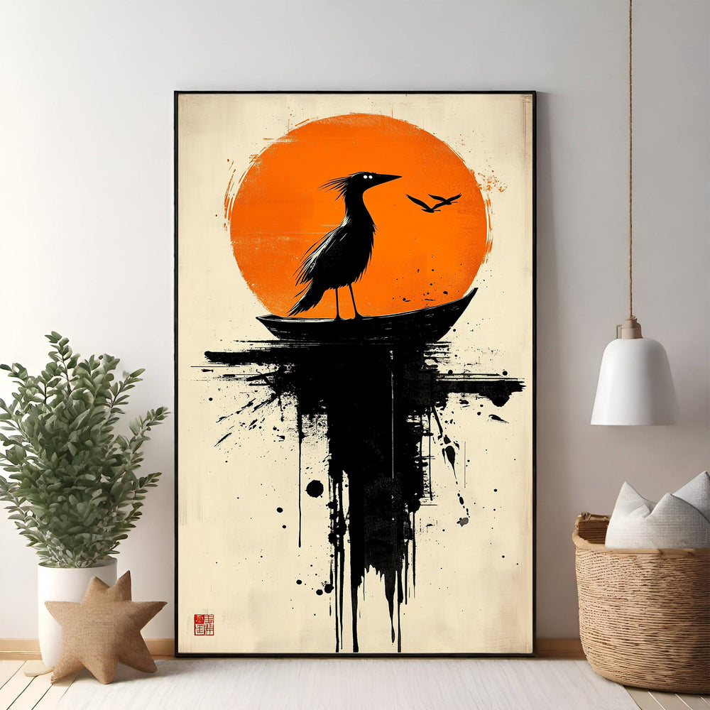 Wadi Home abstract wall art: black bird silhouette on boat against orange sun with ink splatters.