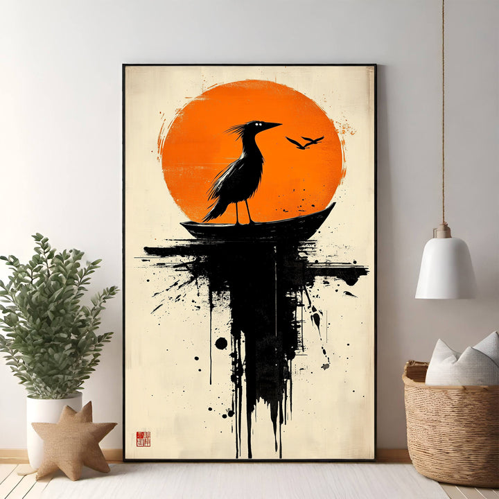 Wadi Home abstract wall art: black bird silhouette on boat against orange sun with ink splatters.