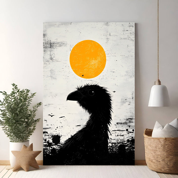 Wadi Home abstract wall art featuring a black bird silhouette against a textured orange sun and white background.