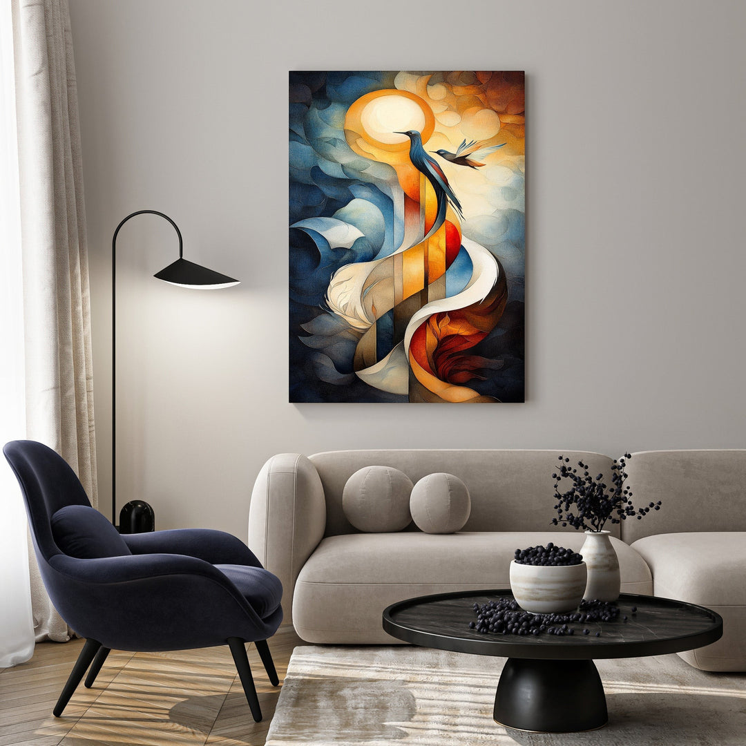 Wadi Home Abstract Bird and Sun Wall Art featuring a vibrant, modern design with birds and a radiant sun in warm oranges, blues, and yellows.