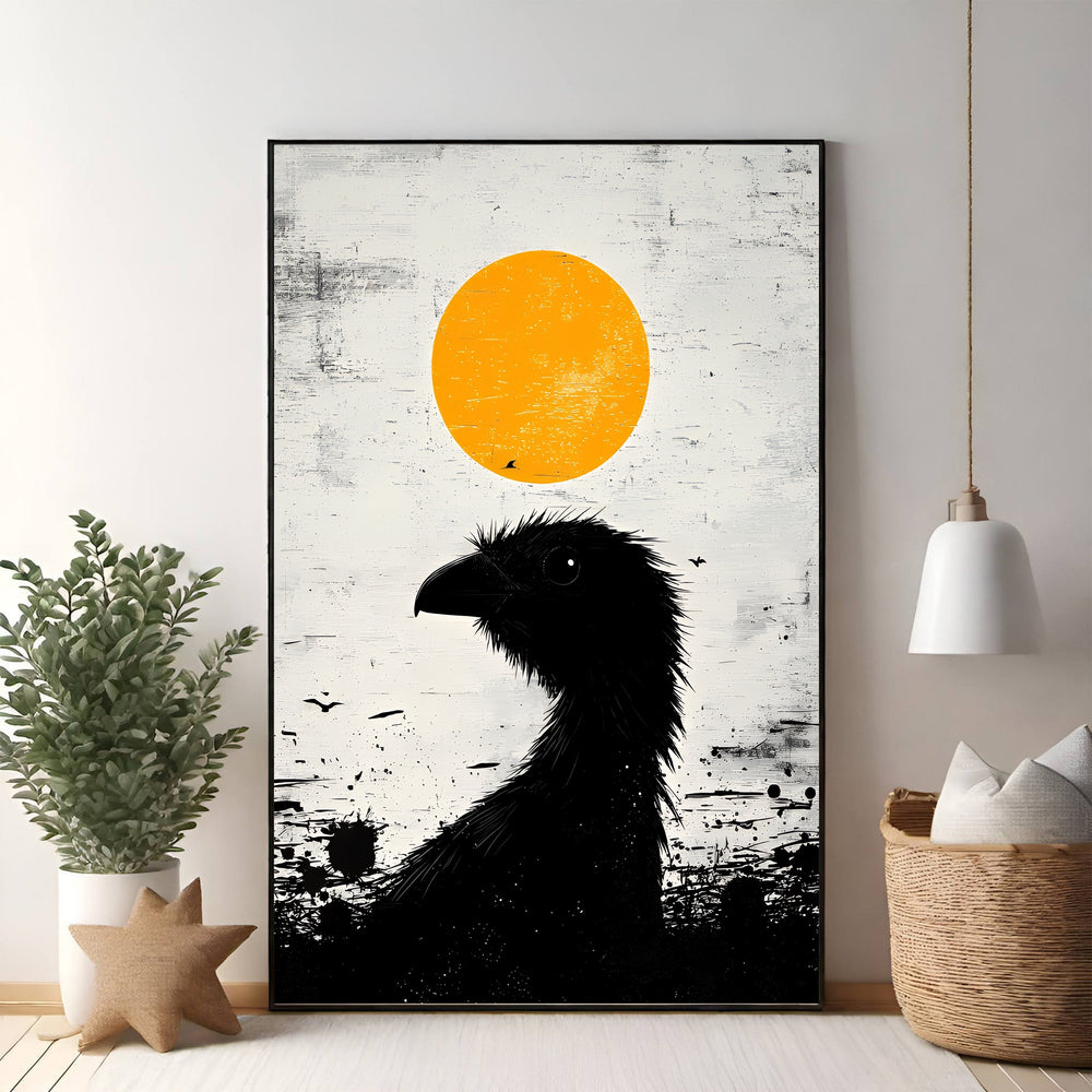 Wadi Home abstract black bird silhouette against a textured orange sun on a distressed white background.