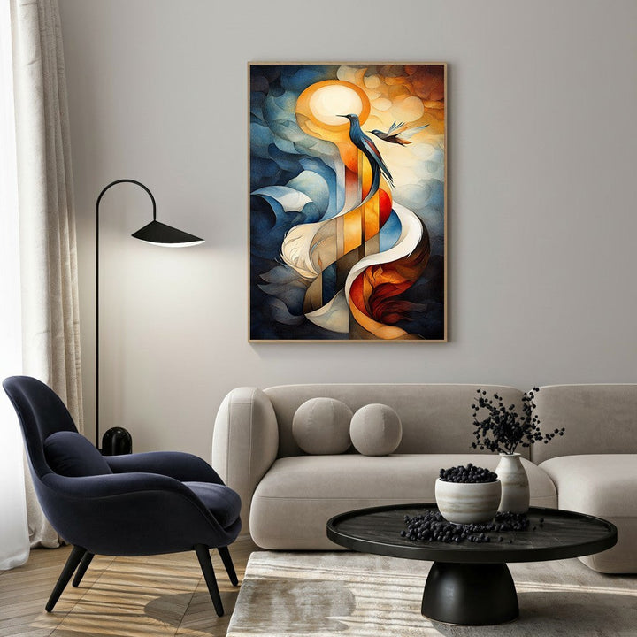 Wadi Home abstract bird and sun wall art with vibrant colors and modern design, featuring a sun and two birds.