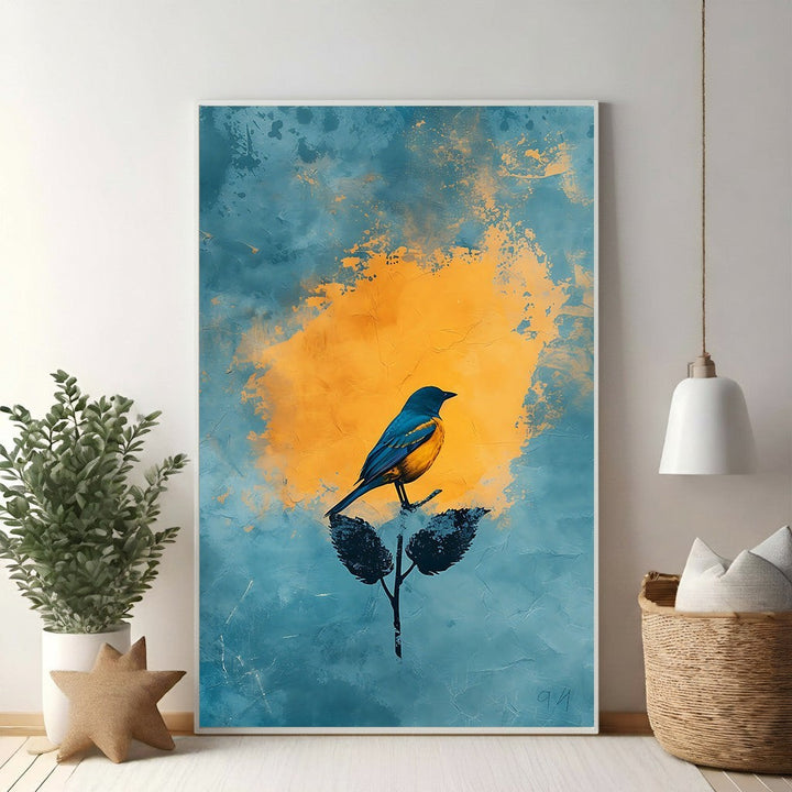 Wadi Home abstract wall art featuring a blue and yellow bird on a branch with textured blue and orange background.