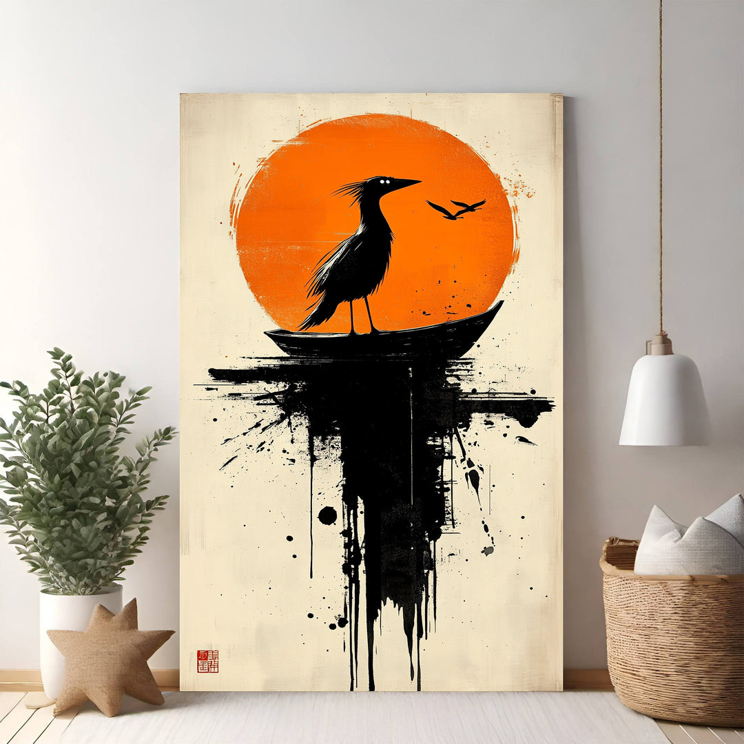 Wadi Home abstract wall art: black bird silhouette on a boat against an orange sun with ink splatters.