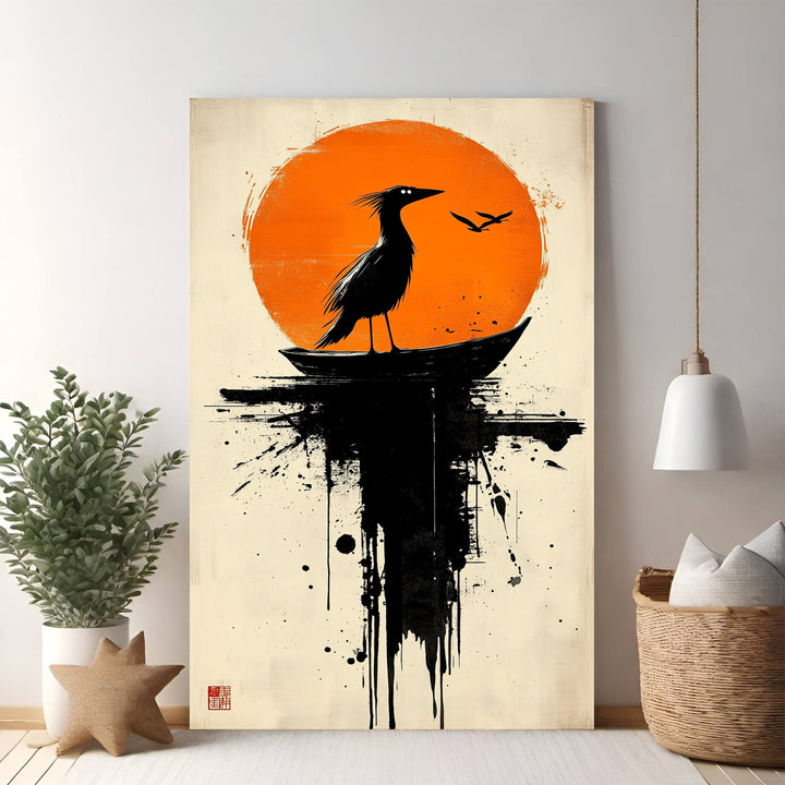 Wadi Home abstract wall art: black bird silhouette on a boat against an orange sun with ink splatters.