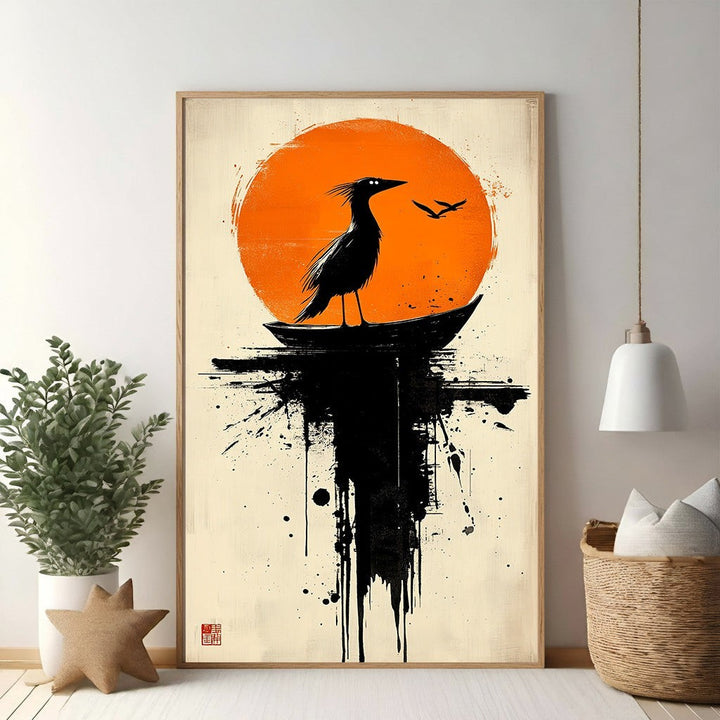 Wadi Home abstract wall art: black bird silhouette on boat against orange sun, ink splatters, modern art.