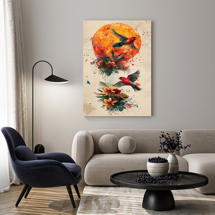 Wadi Home Abstract Birds and Sun Wall Art with vibrant orange sun, red birds, and tropical foliage in watercolor style.