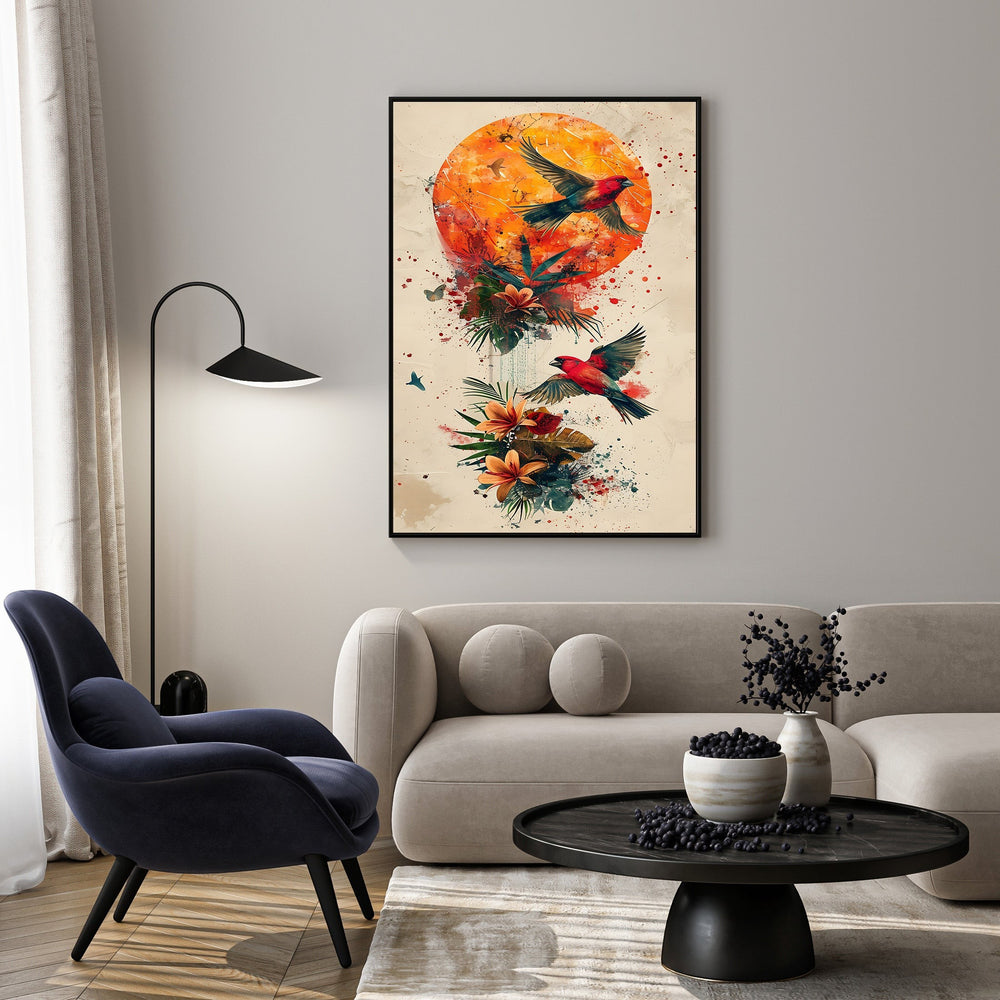 Wadi Home Abstract Birds and Sun Wall Art with vibrant orange sun, red birds, and tropical flowers in watercolor style.