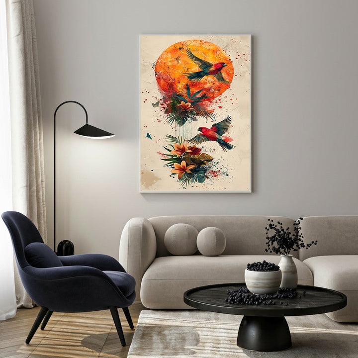 Wadi Home Abstract Birds and Sun Wall Art with orange sunburst, red birds, and floral elements in watercolor style.