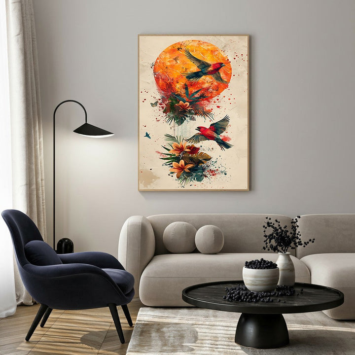 Wadi Home Abstract Birds and Sun Wall Art featuring vibrant orange sunburst, red birds in flight, and floral elements in watercolor style.