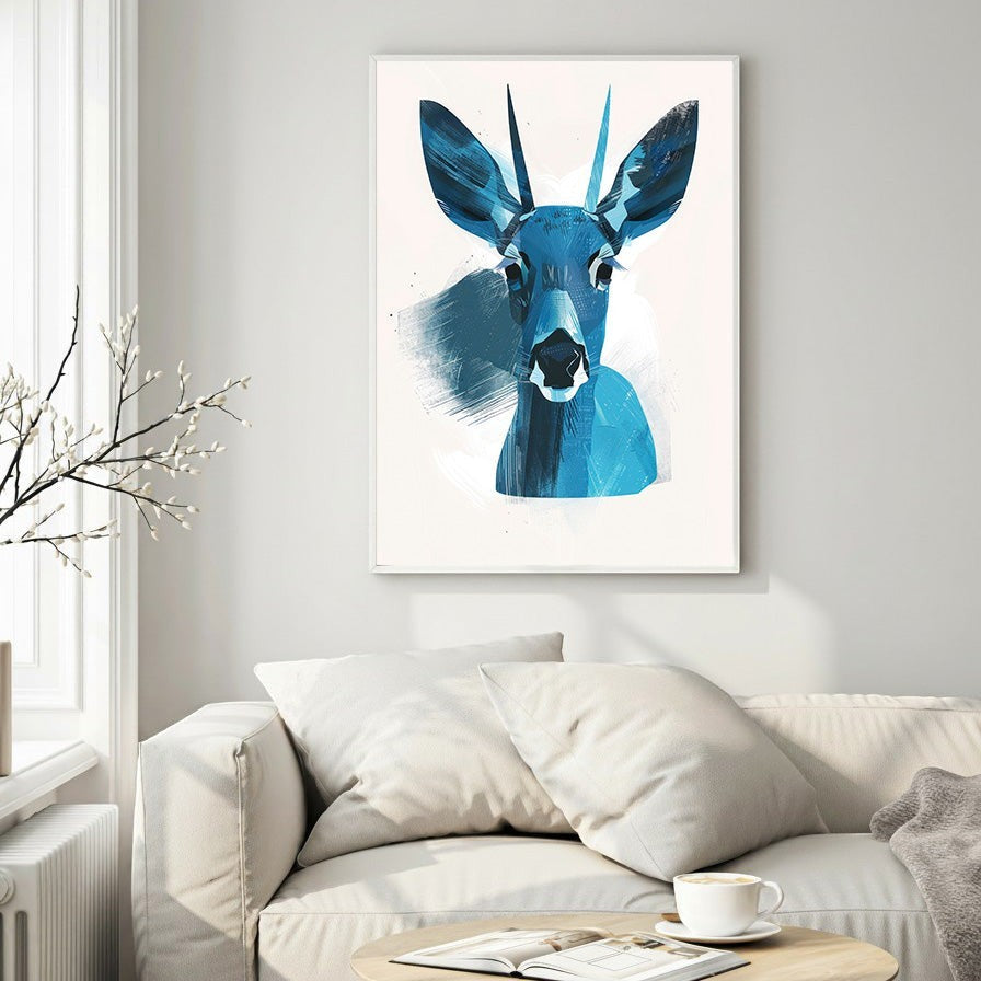 Wadi Home abstract blue deer portrait wall art with bold brushstrokes, modern minimalist design.