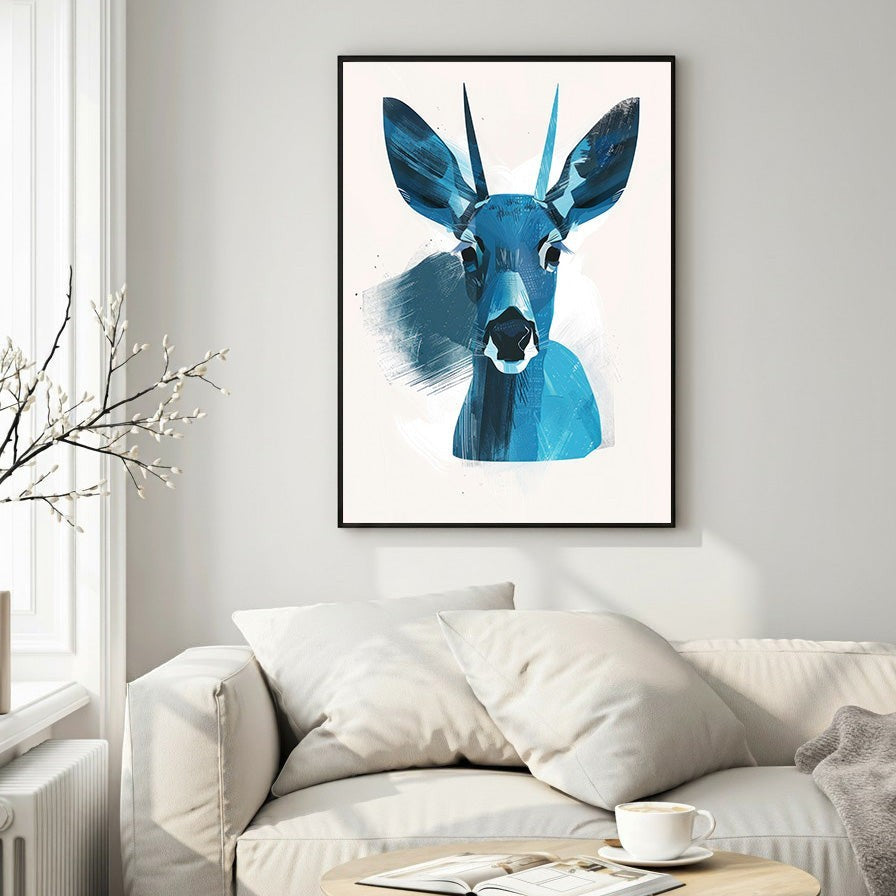 Wadi Home abstract blue deer portrait wall art with bold brushstrokes, modern minimalist design.