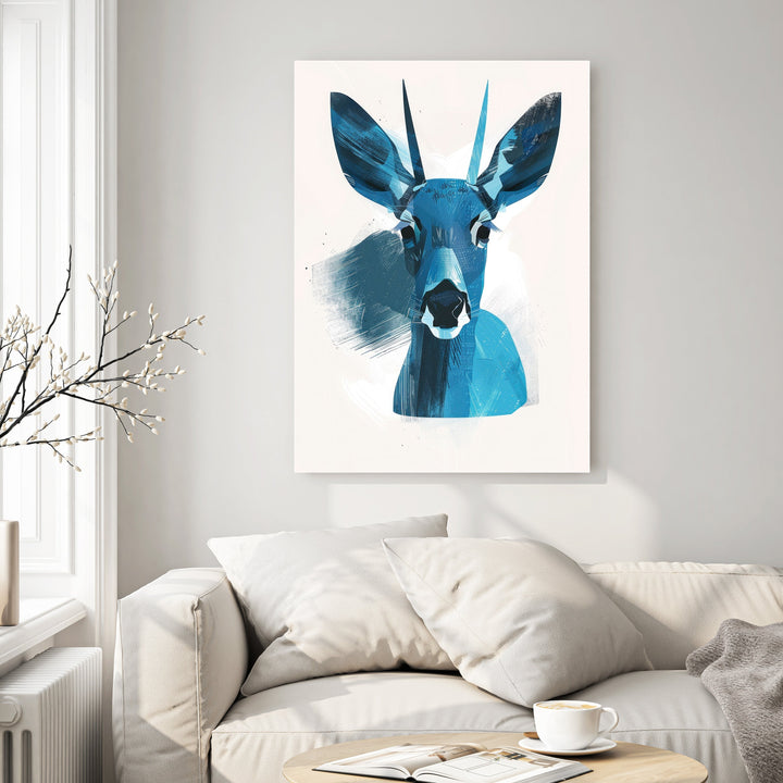 Wadi Home abstract blue deer portrait wall art with bold brushstrokes, modern minimalist design.