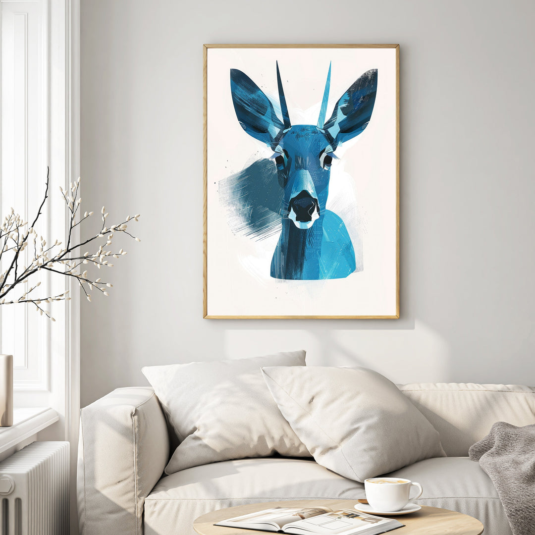 Wadi Home abstract blue deer portrait wall art with bold brushstrokes, modern minimalist design.