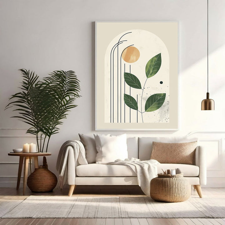 Wadi Home Abstract Botanical Arch Wall Art with green leaves, sun orb, and minimalist lines on cream background.