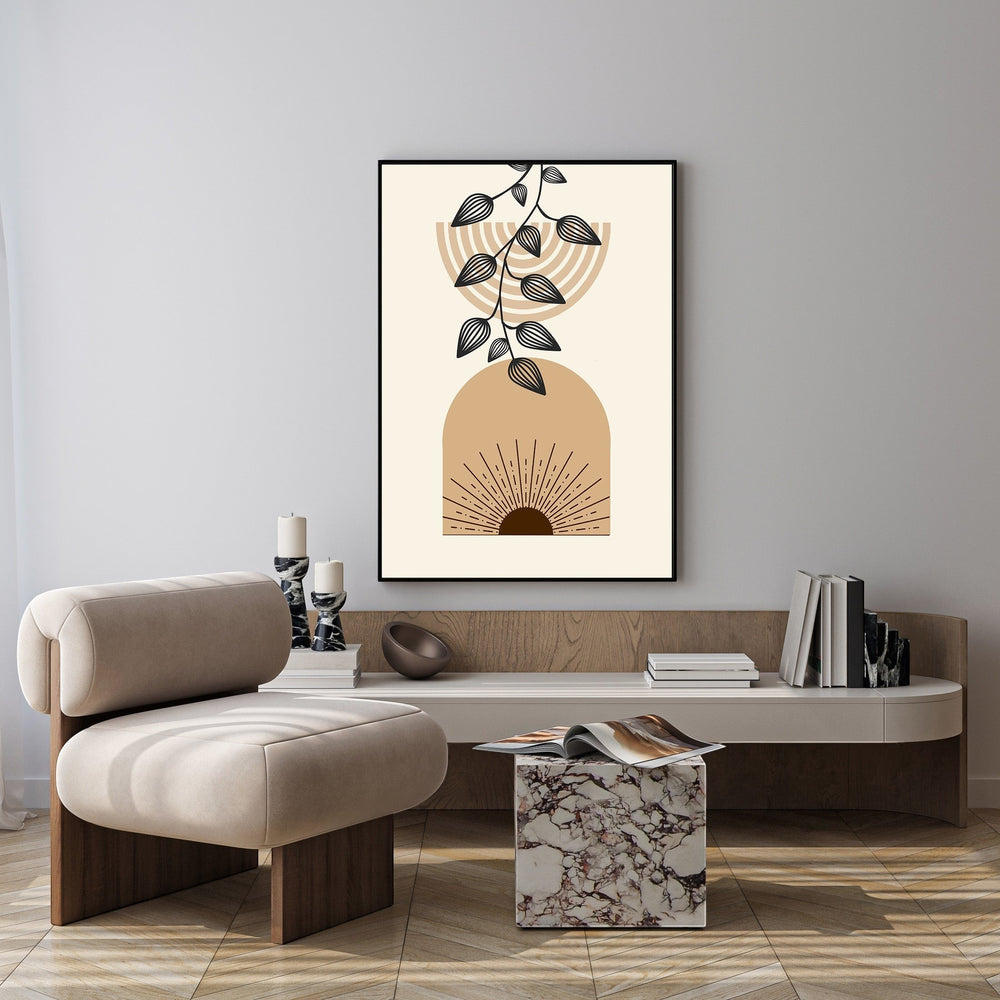 Wadi Home abstract botanical arch wall art with earthy tones and vine motif. Minimalist design with sunburst detail.