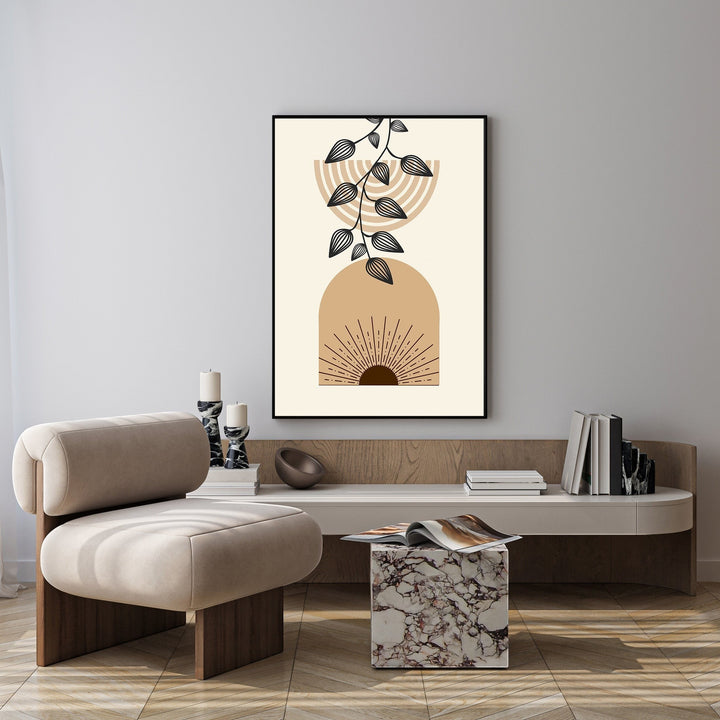 Wadi Home abstract botanical arch wall art with earthy tones and vine motif. Minimalist design with sunburst detail.