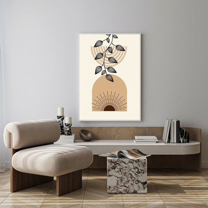Wadi Home abstract botanical arch wall art with earthy tones and sunburst detail. Modern bohemian style.