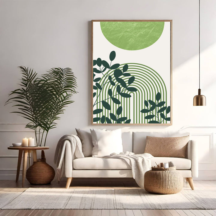 Wadi Home abstract botanical arch wall art with green foliage and arches on a white background.