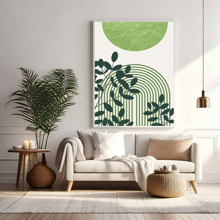 Wadi Home abstract botanical arch wall art with green foliage and arcs on a white background.