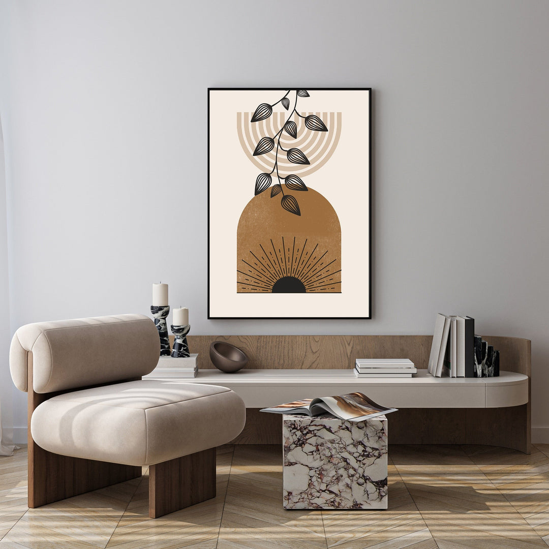 Wadi Home abstract botanical arch wall art with terracotta, cream, and black botanical elements. Modern bohemian style.