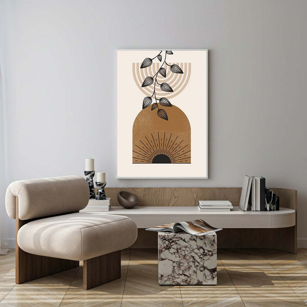 Wadi Home abstract botanical arch wall art in terracotta, cream, and black. Minimalist design with sunburst and leaf motifs.