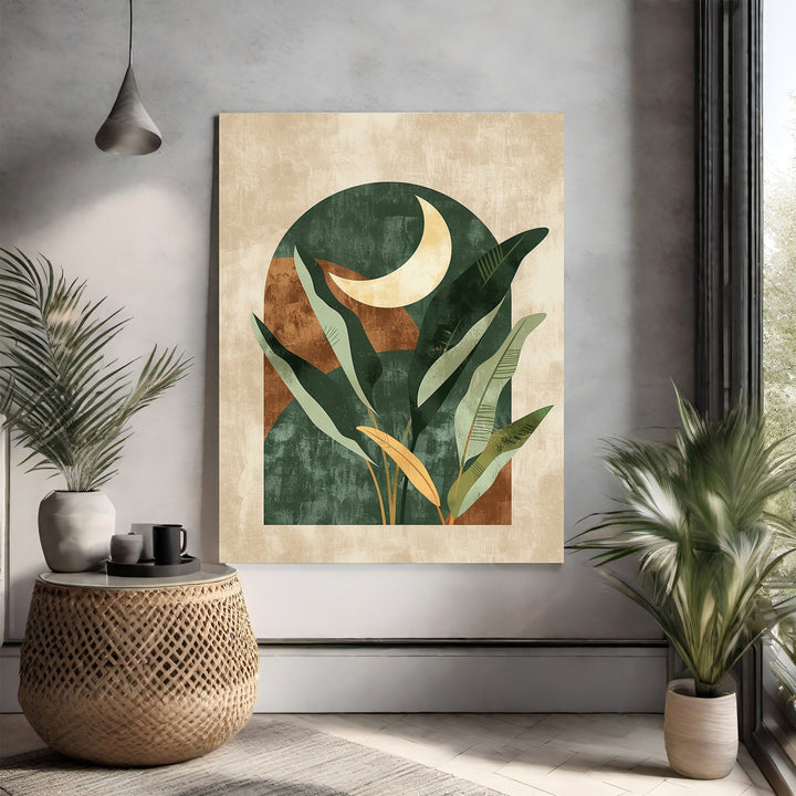 Wadi Home abstract botanical archway moonscape wall art with lush green foliage and a crescent moon. Earthy tones of green, brown, and cream.