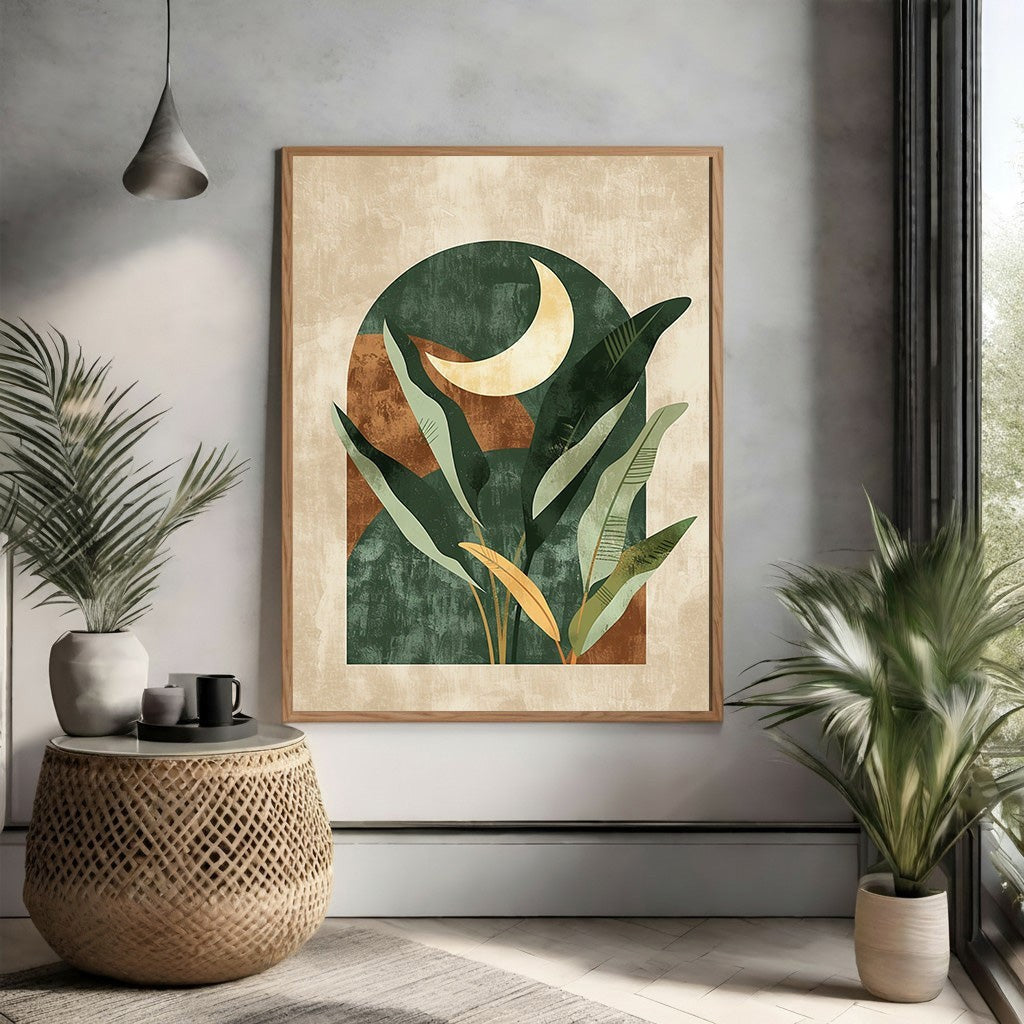 Wadi Home abstract botanical archway moonscape wall art with lush green foliage and a crescent moon in earthy tones.