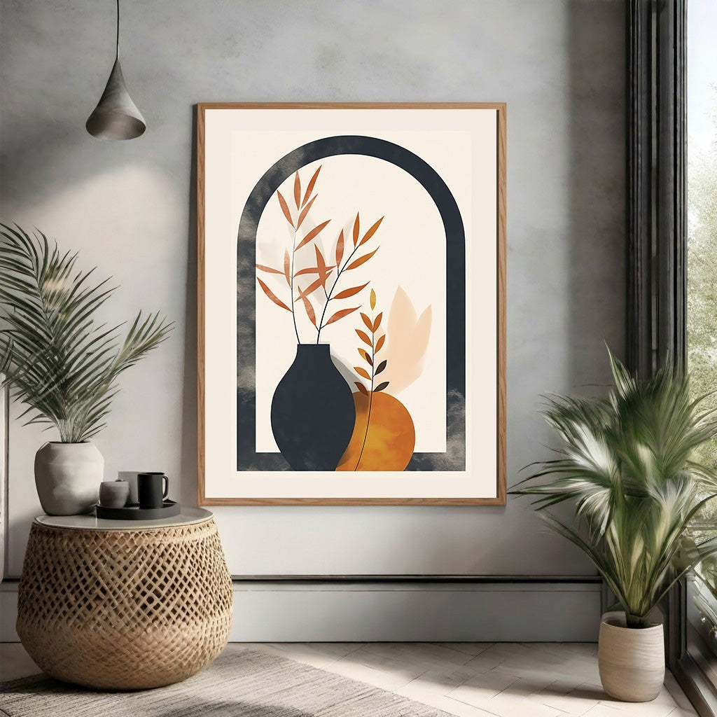 Wadi Home abstract botanical archway wall art with burnt orange leaves in a dark vase on a cream background.
