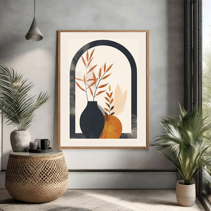 Wadi Home abstract botanical archway wall art with burnt orange leaves in a dark vase on a cream background.