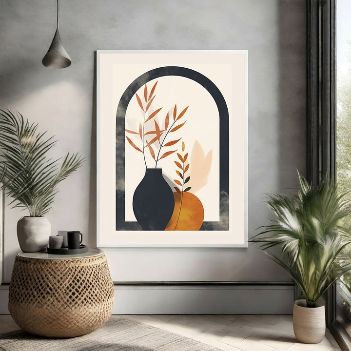 Wadi Home Abstract Botanical Archway Wall Art with burnt orange leaves in vases, charcoal arch, and cream background.