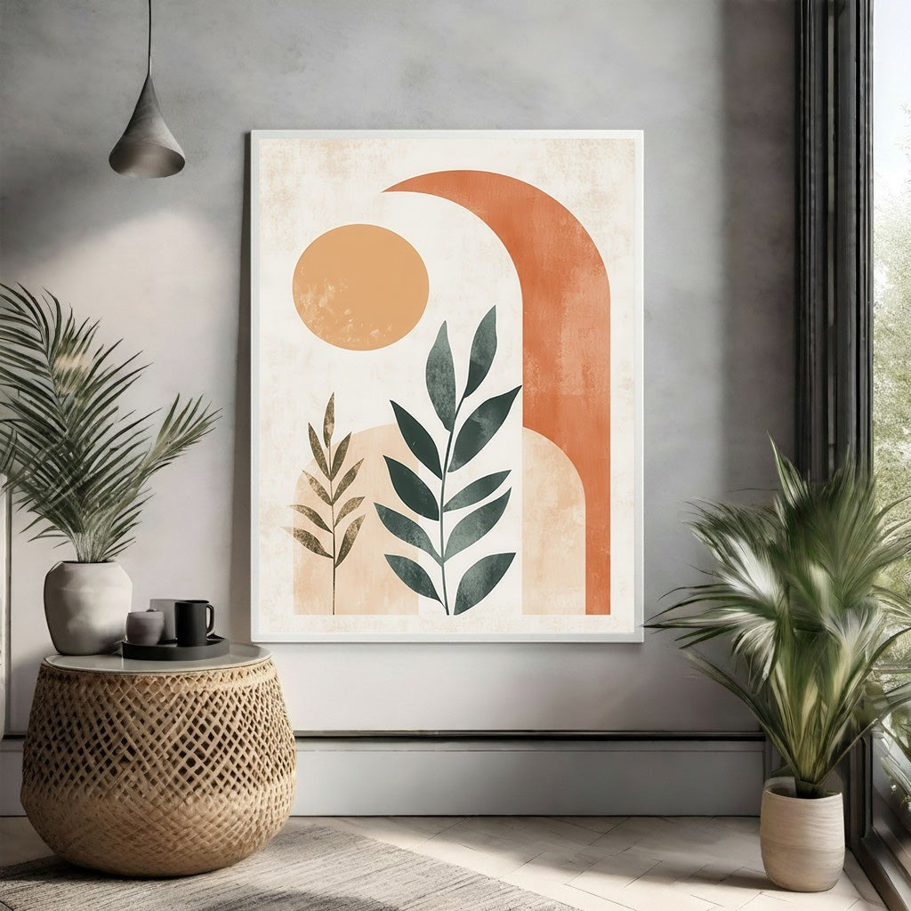 Wadi Home abstract botanical archway wall art with terracotta, beige, and green tones. Features sun and leaf motifs.