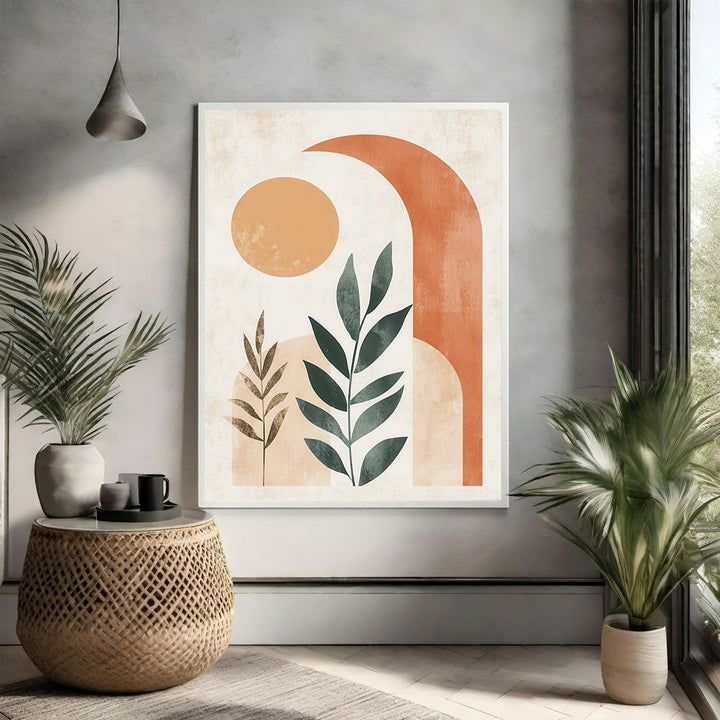 Wadi Home abstract botanical archway wall art with terracotta, beige, and green tones. Features sun and leaf motifs.