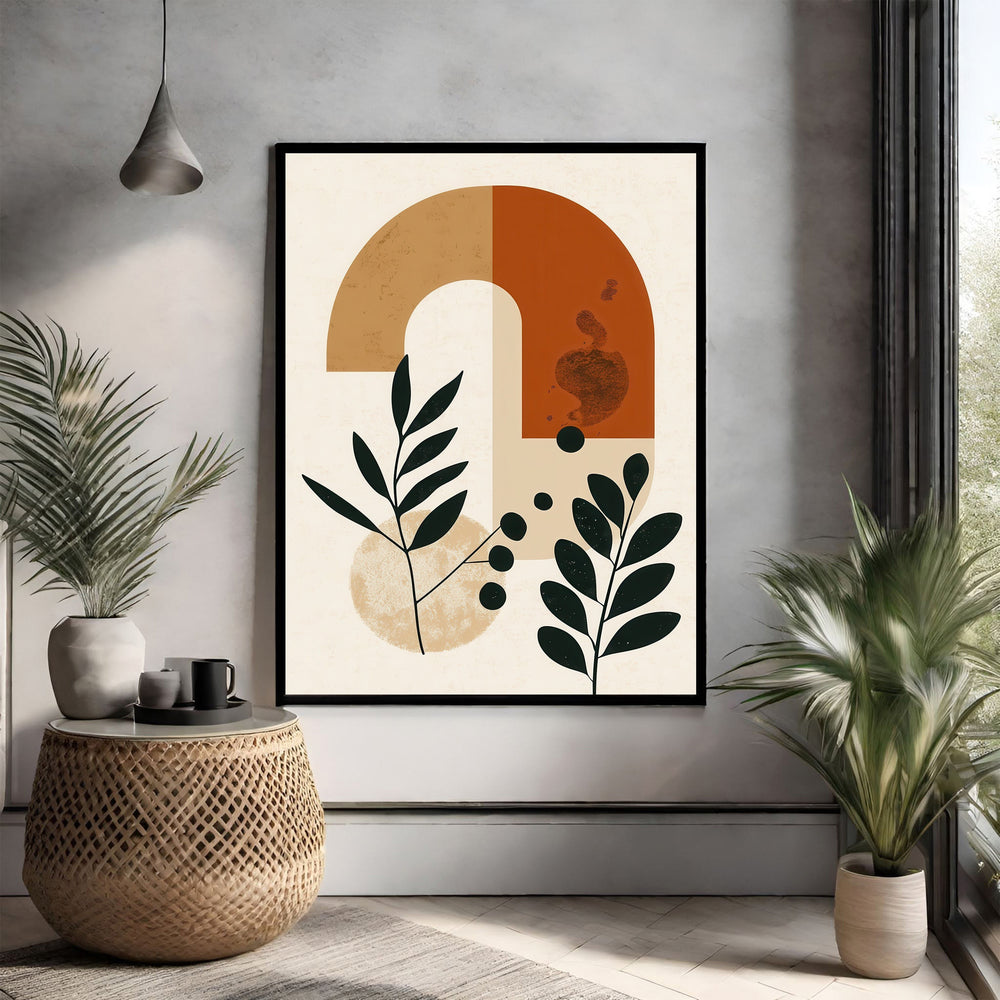 Wadi Home abstract botanical archway wall art with terracotta, beige, and black geometric shapes and leaf motifs.