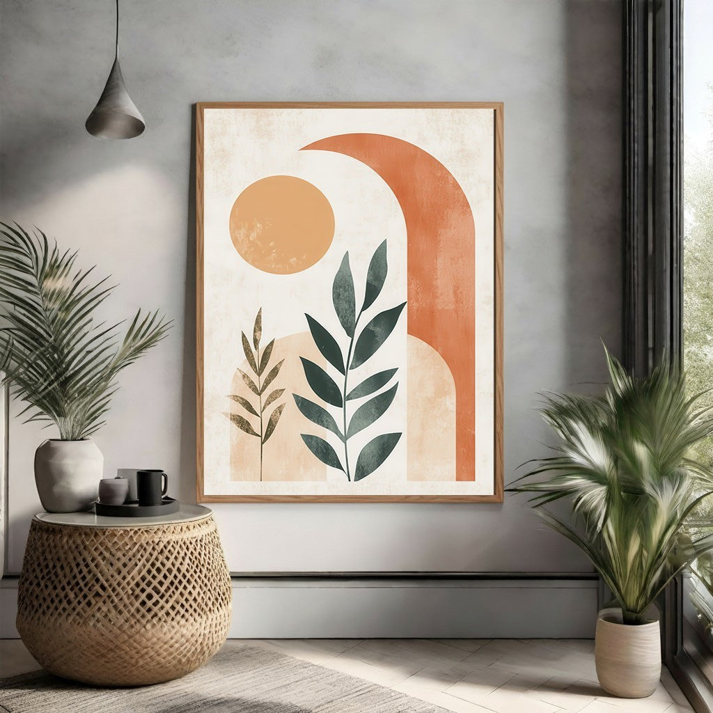 Wadi Home abstract botanical archway wall art with terracotta, beige, and green leaves. Modern minimalist design.
