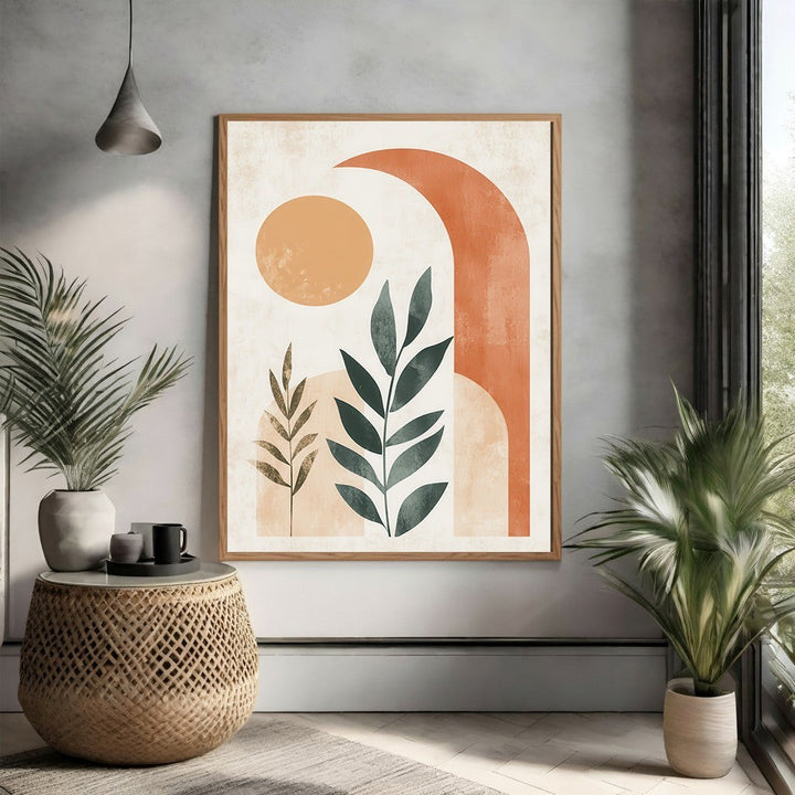 Wadi Home abstract botanical archway wall art with terracotta, beige, and green leaves. Modern minimalist design.